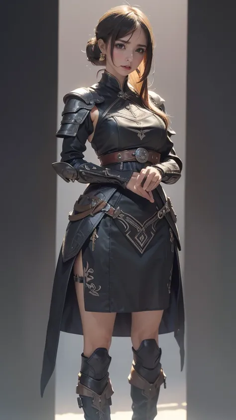 looking back,(fighting pose),(leather boots,(asymmetrical armor),(long embroidered cute dress,see through,lift up the hem of the dress)),(random hairstyle),(Thin type:1.5),(large breasts),(Highest image quality,(8K), Ultra-realistic, Best Quality, High qua...