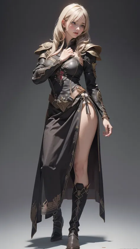 looking back,(fighting pose),(leather boots,(asymmetrical armor),(long embroidered cute dress,see through,lift up the hem of the dress)),(random hairstyle),(Thin type:1.5),(large breasts),(Highest image quality,(8K), Ultra-realistic, Best Quality, High qua...