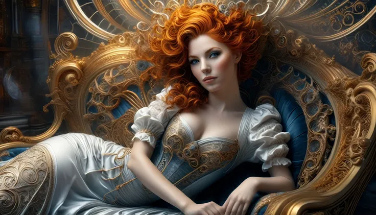 photo, 8k ((surréaliste)) statue dune sublime femme rousse Steampunk en marbre blanc alangui sur un sofa complexe, plan large, corps entier, souriante et radieuse, bustier étroit incrusté de fines dentelles techniques complexe fractal, bustier effet push-u...