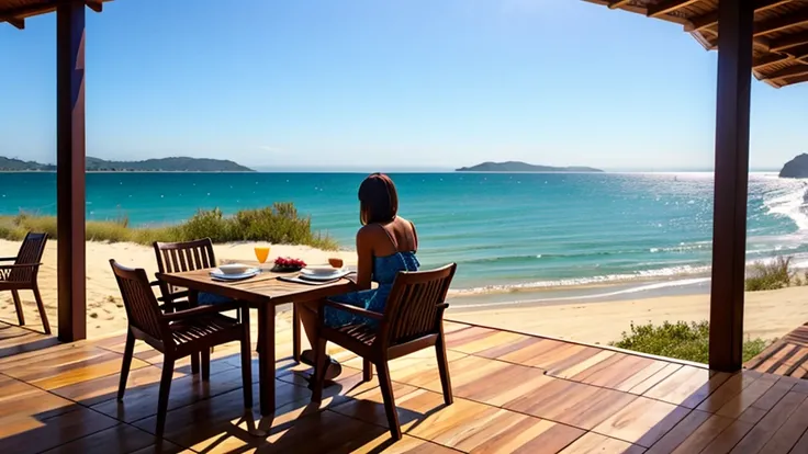 Sandy beach, wooden open terrace, woman holding cat, pleasant breeze, chairs and table, strong sunlight, sea view, beautiful woman, hair blowing in the wind,