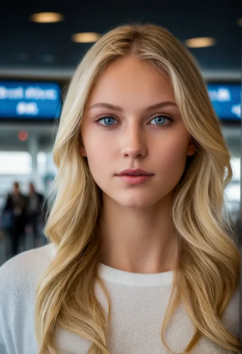 Photo professionnel d&#39;a beautiful blonde Norwegian girl in clothes in an airport with long wavy blond hair, beautiful symmetrical face, elegant, fog,ultra sharp, Detailed face, Superbe environnement urbain moderne, ultra realistic, very detailed, compl...