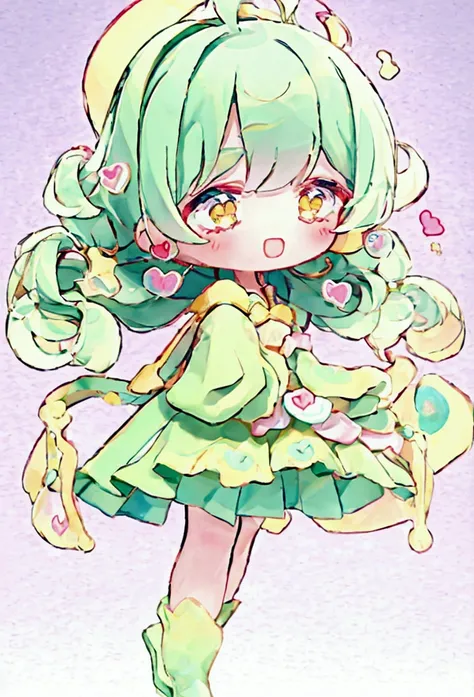 Cute style chibi girl, heart, soft, colorful, delicate, Expressive, texture, sharp, Green and Yellow