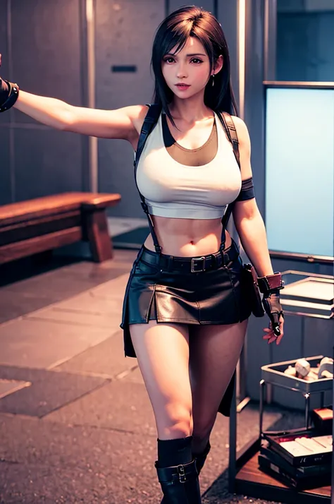 8k,​masterpiece, bset quality,huge tit、（1girl in、tifa lockhart、red_eyes、black hair、long hair、Flapping hair， Adult beauty、shinny skin、Shiny big)、 ((top-quality))、 Crisp focus:1.2、Highly detailed facial and skin texture、A detailed eye、face perfect、perfect bo...