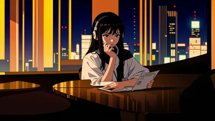 best quality, 8k, 1990s style,2010s hairstyles, 21 year old girl, black hair, long hair, light brown eyes, city pop, pants ,night view, wearing headphones, whole body,  relax coffee,table,confection,Looking at me, Black cat, girl studying
