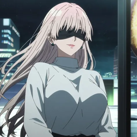 1girl, female gojo satoru, anime screencap from jujutsu kaisen, gojo satoru female version, solo, long_hair, ((wearing black blindfold)) ((White_hair, elegant hairstyle)), night view, (hanging breasts) upper_body, smile, lips, (long hair) ((wearing white c...