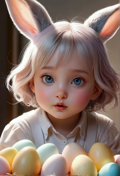 Beautiful little rabbit with dreamy eyes, Volumetric Light, Ultra-realistic, Intricate details, shape, Painting, watercolor, Cute Chibi, Eating Easter eggs, ah!, Shallow depth of field, Pastel Color Palette, Soft lighting, minimum, Modern, Digital Painting...