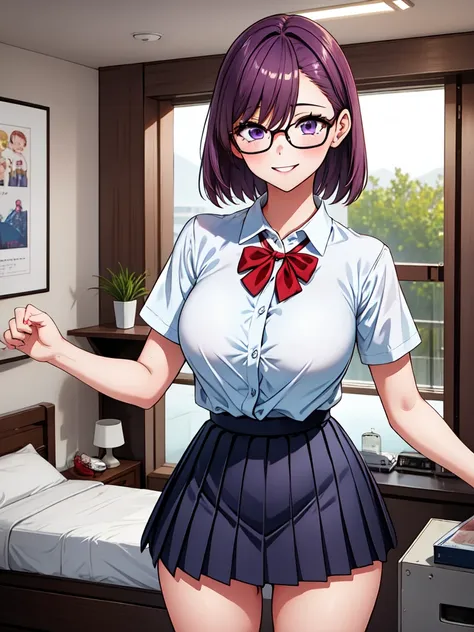 1girl, cowboy shot,porn, smile, glasses, 
nitengojigen_ririsa, purple eyes, purple hair, short hair, bangs, lace underwear, short sleeves, Show your breasts,sex, pleated skirt, best quality, masterpiece, highres, sleep position,