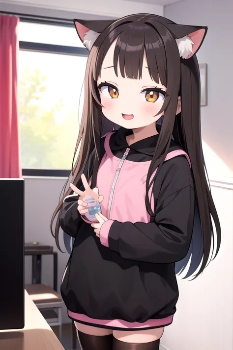 1 brunette girl, black, brunette skin, Kitten ears, long hair, black with fringe, pink clothes, room gamer