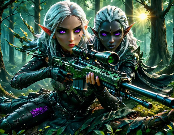 a portrait picture of a 1single female drow elf sniper, lying on a tree branch aiming a sniper rifle, an exotic beautiful elf sn...