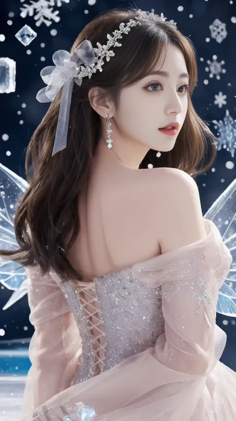 A goddess、Large Breasts、Stand gracefully、(The most luxurious ice palace background:1.4)、(Mysterious fairy tale light blue fog:1.15)、The background is a well-designed ice palace、Beautiful ice ceiling、(Palace interior background made of intricate, sparkling ...