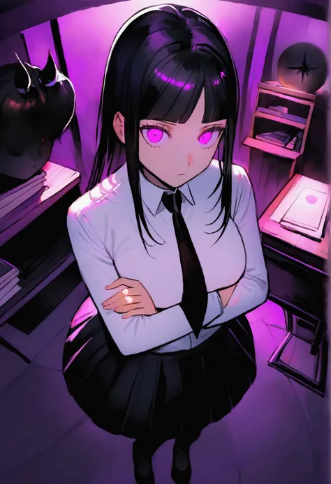 Juri Han, artwork, fitted white secretary shirt with black tie, Black Skirt , skirt short,sock, Bblack hair, scary black sun,desk,bangs on the eyes,Lighting,hair horn,from above view,staring overhead,series,brava,black highheels,glowing purple eyes,arms cr...