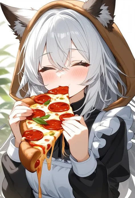 1girl,solo,pizza,holding,food,animal ears,pizza slice,holding food,closed eyes,long hair,long sleeves,upper body,bangs,eating,fa...