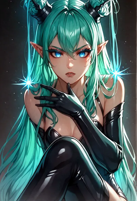 ram, one girl, long hair, small corner, small corner, pointed ears, (two-tone hair, green hair, aqua hair), bangs, blue eyes, ey...