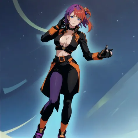 acter artwork, ayaka genshin impact, main character, female protagonist, mixed color hair with purple and bown, blue eyes, orange pattern, black clothes, visible cleavage, big boob, black suit, white bra, purple shoe, short hair