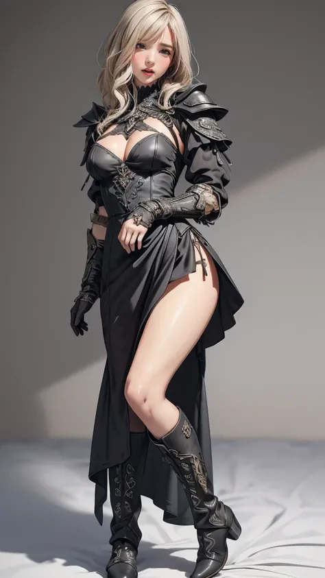 looking back,(fighting pose),(leather boots,(asymmetrical armor),(long embroidered cute dress,see through,lift up the hem of the dress)),(random hairstyle),(Thin type:1.5),(large breasts),(Highest image quality,(8K), Ultra-realistic, Best Quality, High qua...