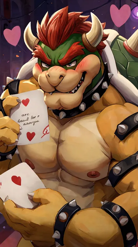 bowser giving mario a love letter, bowser blushing,