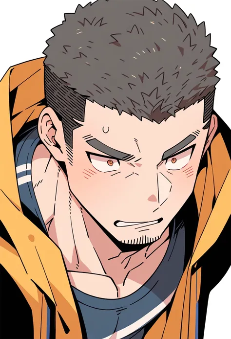 anime characters：Priapus, Muscle Sports Student, Buzz Cut, Manliness, male focus, Sports tight hooded sweatshirt, Very tight, full and perky chest muscles, muscular male, muscular, only, Upper body, alone, Black short hair, Thick eyebrows, stubble, Brown-r...