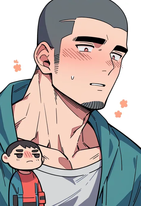 anime characters：Priapus, Muscle Sports Student, Buzz Cut, Manliness, male focus, Sports tight hooded sweatshirt, Very tight, full and perky chest muscles, muscular male, muscular, only, Upper body, alone, Black short hair, Thick eyebrows, stubble, Brown-r...