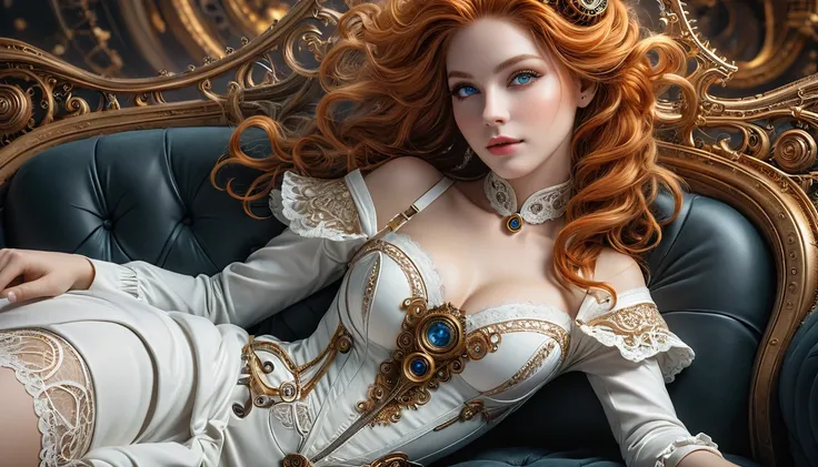 photo, 8k ((surréaliste)) statue dune sublime femme rousse Steampunk en marbre blanc alangui sur un sofa complexe, plan large, corps entier, souriante et radieuse, bustier étroit incrusté de fines dentelles techniques complexe fractal, bustier effet push-u...