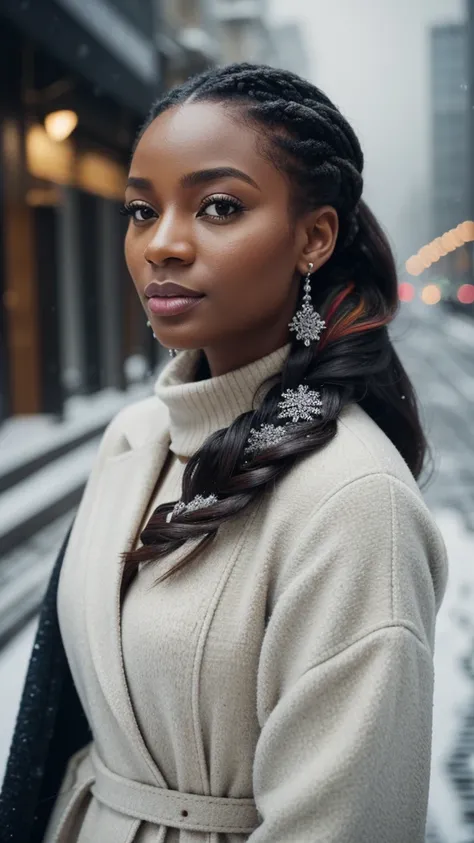 A beautiful beautiful black woman, beautiful silhouette, beautifuls + gentle lips+Businessman Tresse) are in a company . very realistic Ivorian communications manager,,,,,,,,,,,,,,,,,,,,, Make-up natural, chice, Wear warm winter fashion clothes, ((Do lado ...