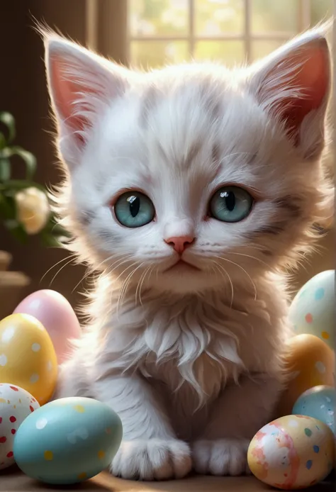 Beautiful little kitten with dreamy eyes, Beastman，Volumetric Light, Ultra-realistic, Intricate details, shape, Painting, watercolor, Cute Chibi, Eating Easter eggs, ah!, Shallow depth of field, Pastel Color Palette, Soft lighting, minimum, Modern, Digital...