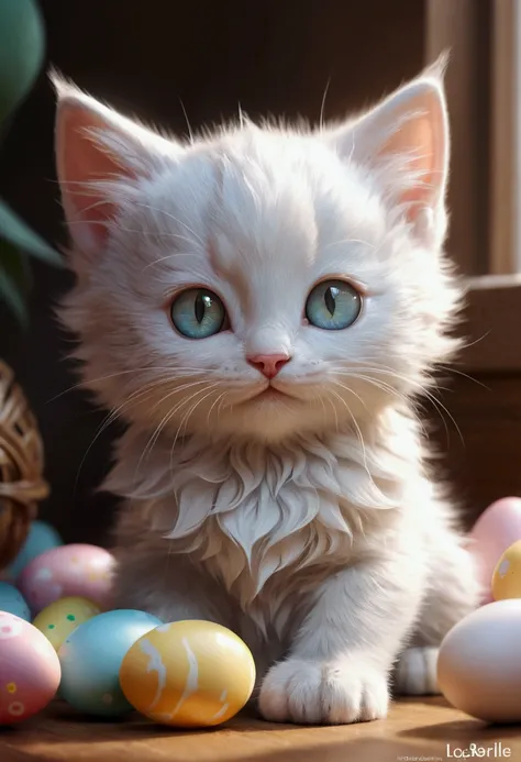 Beautiful little kitten with dreamy eyes, Beastman，Volumetric Light, Ultra-realistic, Intricate details, shape, Painting, watercolor, Cute Chibi, Eating Easter eggs, ah!, Shallow depth of field, Pastel Color Palette, Soft lighting, minimum, Modern, Digital...