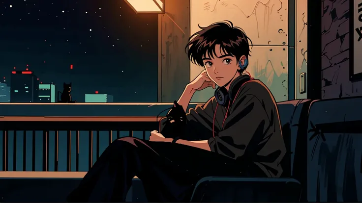 best quality, 8k, 1990s style,2010s hairstyles, 21-year-old boy, black hair,  light brown eyes, city pop, pants ,night view, wearing headphones, whole body,  relax coffee,table,confection,Looking at me, Black cat
