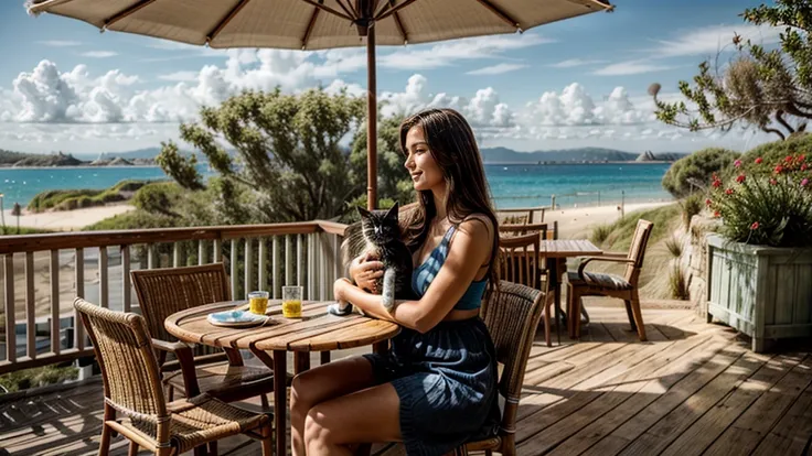 Sandy beach, wooden open terrace,(( woman holding cat)), pleasant breeze, chairs and table, strong sunlight, sea view, beautiful woman, hair blowing in the wind,