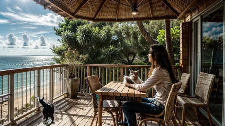 Sandy beach, wooden open terrace,(( woman holding cat)), pleasant breeze, chairs and table, strong sunlight, sea view, beautiful woman, hair blowing in the wind,