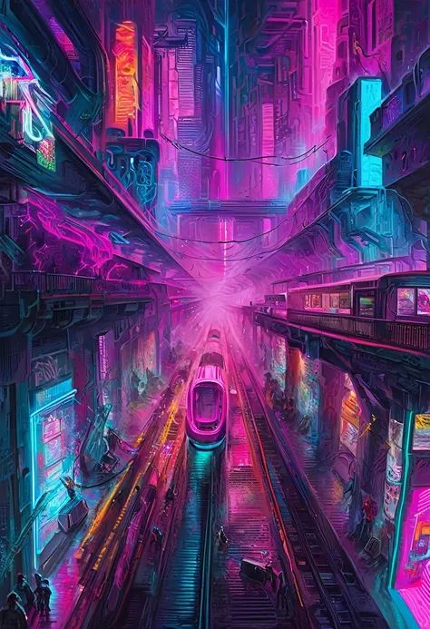 Cyberpunk Train Station: A bustling train station filled with neon lights and holographic advertisements. The train, a sleek metallic beast, arrives with sparks flying from its tracks. People in 80s-inspired cyberpunk attire wait on the platform, surrounde...