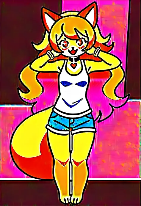 Solo, best quality,best resolution,(fluffy anthro furry :1.6),(young :1.6),fox girl,red long hair,wavy hair,small breasts,orange fur,orange eyes,glistering eyes,sparkle eyes,denim shorts with gold chain,white sleeveless shirt with flower embroidery,heart c...