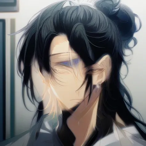 アニメ, a man with long black hair and blue eyes looks at the camera, inspired by Okumura Masanobu. handsome anime man, tsurumaki kazuya, Sui Ishida, with black hair. Her long black hair is well maintained and tied into a high bun., with some loose strands at...