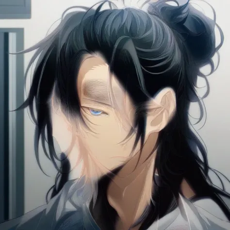 アニメ, a man with long black hair and blue eyes looks at the camera, inspired by Okumura Masanobu. handsome anime man, tsurumaki kazuya, Sui Ishida, with black hair. Her long black hair is well maintained and tied into a high bun., with some loose strands at...