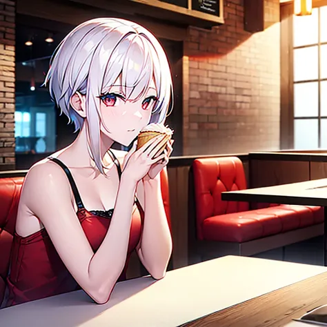 (white short hair)(red eyes)(drinking in restaurant)4K