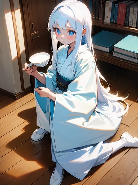 Young girl, 8yo, long  white hair, wearing white kimono, blue colored eyes, holding a porcelain cup, is in an 80s style office, books around, wood floor, Grieving, sad