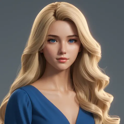 blonde woman with long hair and blue dress posing for a photo, realistic anime art style, photorealistic rendering of anime girl, soft anime cg art, anime realism style, realistic art style, young realistic anime, cute digital painting, realistic 3d anime ...