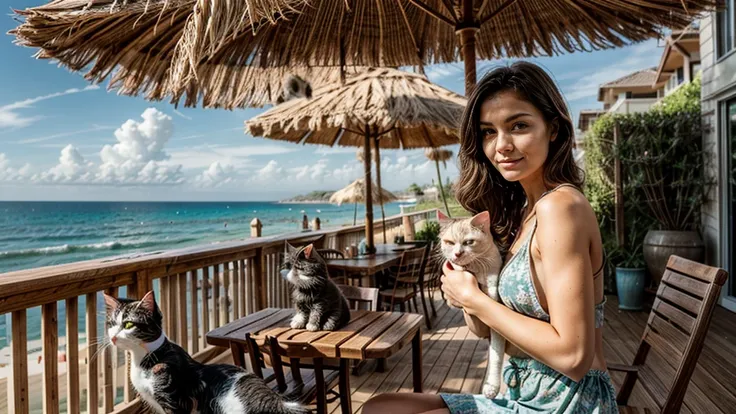 Sandy beach, wooden open terrace,(( woman holding cat)), pleasant breeze, chairs and table, strong sunlight, sea view, beautiful woman, hair blowing in the wind,