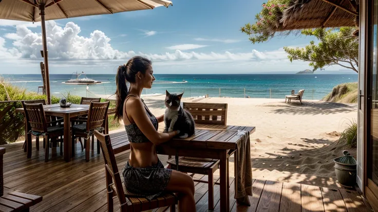 Sandy beach, wooden open terrace,(( woman holding cat)), pleasant breeze, chairs and table, strong sunlight, sea view, beautiful woman, hair blowing in the wind,