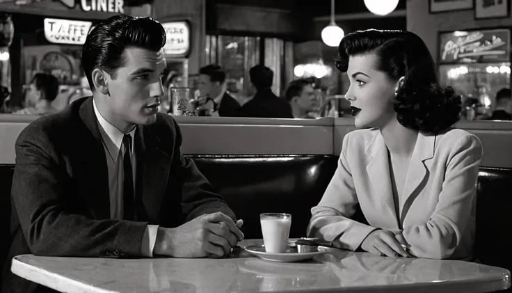 Image of a young couple of man and woman sitting at a table in a cafe diner, film noir realistic, diner scene, Classic Film Noir Scenes, In a 50&#39;s diner, diner caffee, 1950s illustration style, In a classic 50&#39;s diner, ( Art Fitzpatrick ), 1950s Fi...