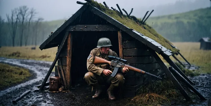 photography in (stvmccrr style), an american soldier with ww2 uniform and gear and ww2 rifle, taking a shelter under a ruined hu...