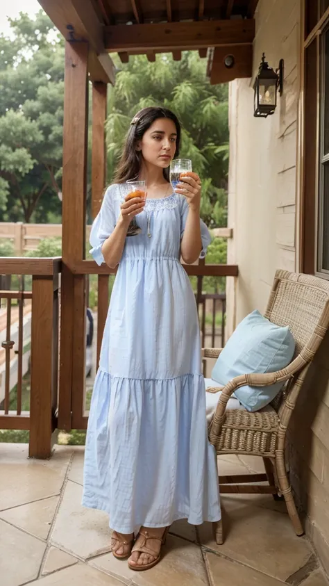 Woman drinking glass of water, wearing sheers dress, beautiful, porch, 