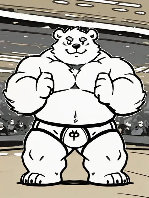 Polar bear face,Cute face,Humanity(polar bear), (without shoes) , Chubby, muscular character, bare chest, competitive briefs, strong thigh, (grey eyebrows:1.1),(perfect black eyes), gym background,print style。（Artist:Takemoto Arashiundefined, undefined, un...