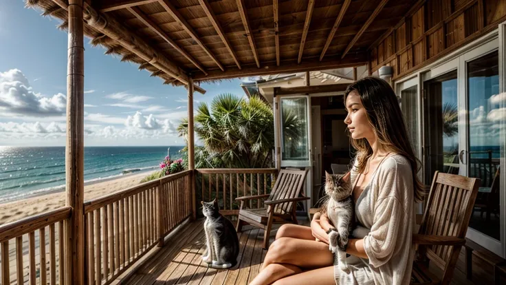 Sandy beach, wooden open terrace,(( woman holding cat)), pleasant breeze,, strong sunlight, sea view, beautiful woman, hair blowing in the wind,