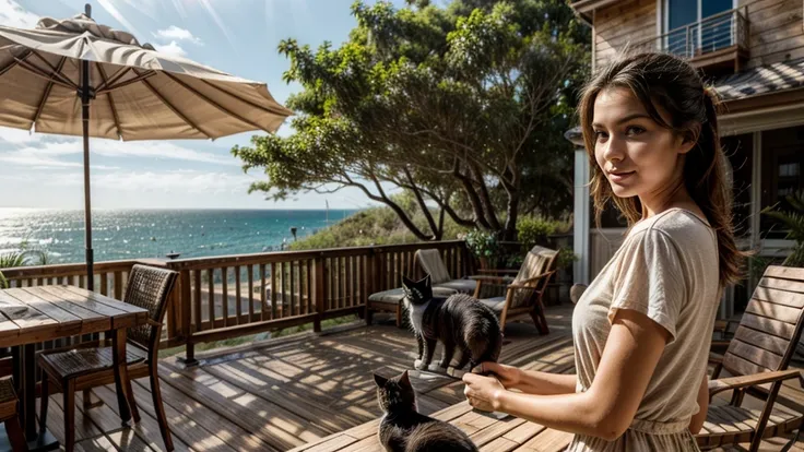 Sandy beach, wooden open terrace,(( woman holding cat)), pleasant breeze,, strong sunlight, sea view, beautiful woman, hair blowing in the wind,