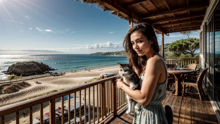 Sandy beach, wooden open terrace,(( woman holding cat)), pleasant breeze,, strong sunlight, sea view, beautiful woman, hair blowing in the wind,