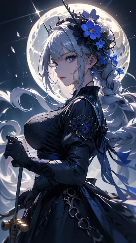 masterpiece, high quality, 4K, Beautiful design, silhouette，Gray Hair， 非常に詳細な夜のStarry Sky,Flower Field， wonderful, Finer details,  Very knowledgeable woman, Highly detailed solo, 1 female,blue eyes，Big Breasts，Gothic Lolita Fashion，Night view，Starry Sky，Bl...