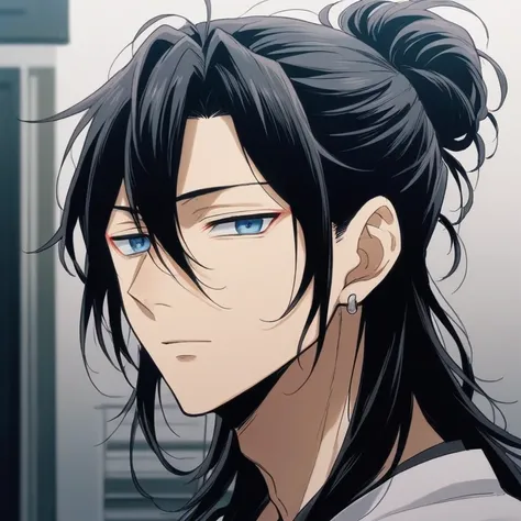 A handsome man with long black hair and blue eyes looking at the camera, inspired by Okumura Masanobu, beautiful anime man, tsurumaki kazuya, sui ishida, with black hair, his long black hair is well-groomed and tied in a high bun, with some loose strands i...