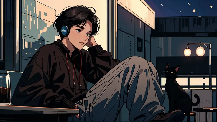 best quality, 8k, 1990s style,2010s hairstyles, 21-year-old boy, black hair,  light brown eyes, city pop, pants ,night view, wearing headphones, whole body,  relax coffee,table,confection,Looking at me, Black cat
