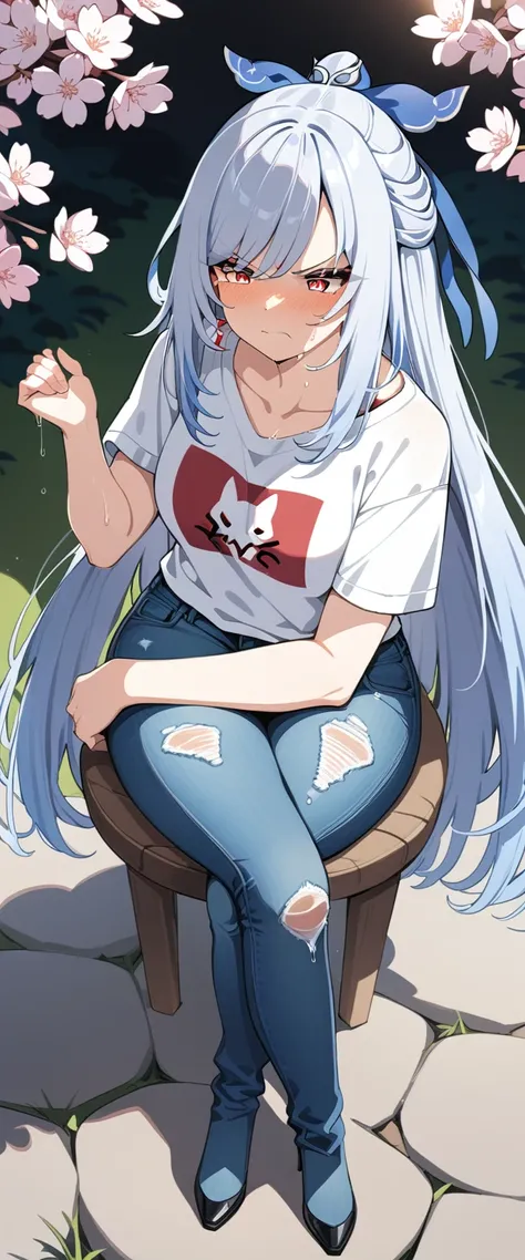 (masterpiece:1.37), best quality, (extremely detailed:1.37), (1girl:1.5), woman, (mature:1.5), (adult:1.5), jingliu, white hair, long hair, ponytail, hair ribbon, red eyes, earrings, jewelry, (jeans:1.25), (extremely detailed eyes:1.37), (wetting self:1.75...