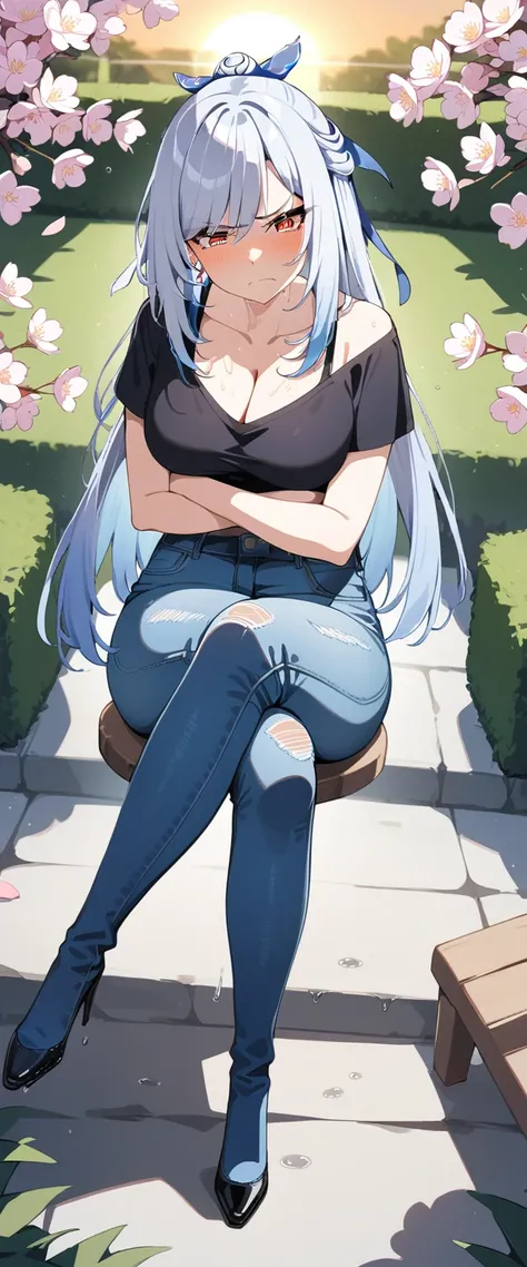 (masterpiece:1.37), best quality, (extremely detailed:1.37), (1girl:1.5), woman, (mature:1.5), (adult:1.5), jingliu, white hair, long hair, ponytail, hair ribbon, red eyes, earrings, jewelry, (jeans:1.25), (extremely detailed eyes:1.37), (wetting self:1.75...